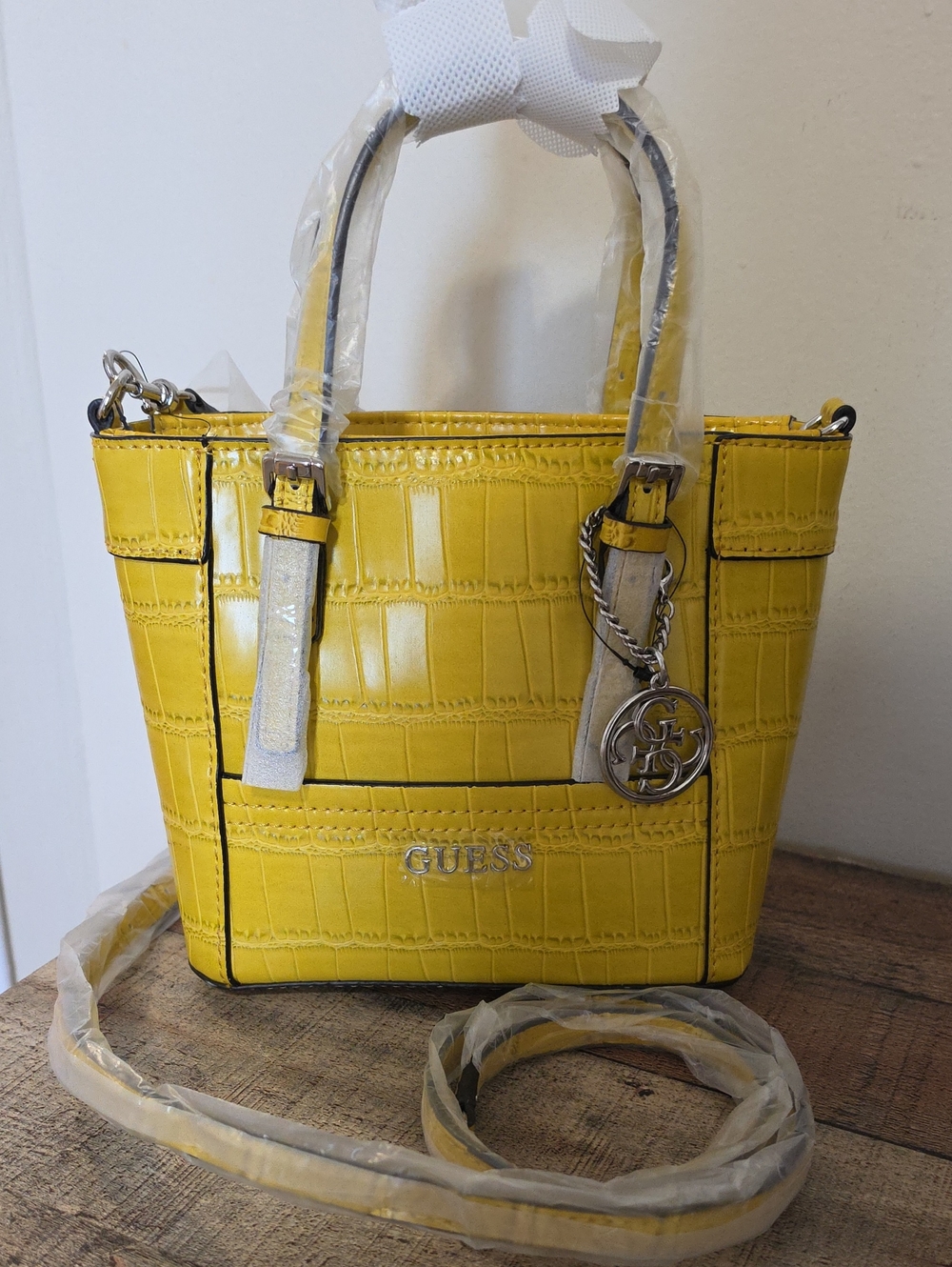 GUESS Yellow Croc-Embossed Mini Satchel with Charm